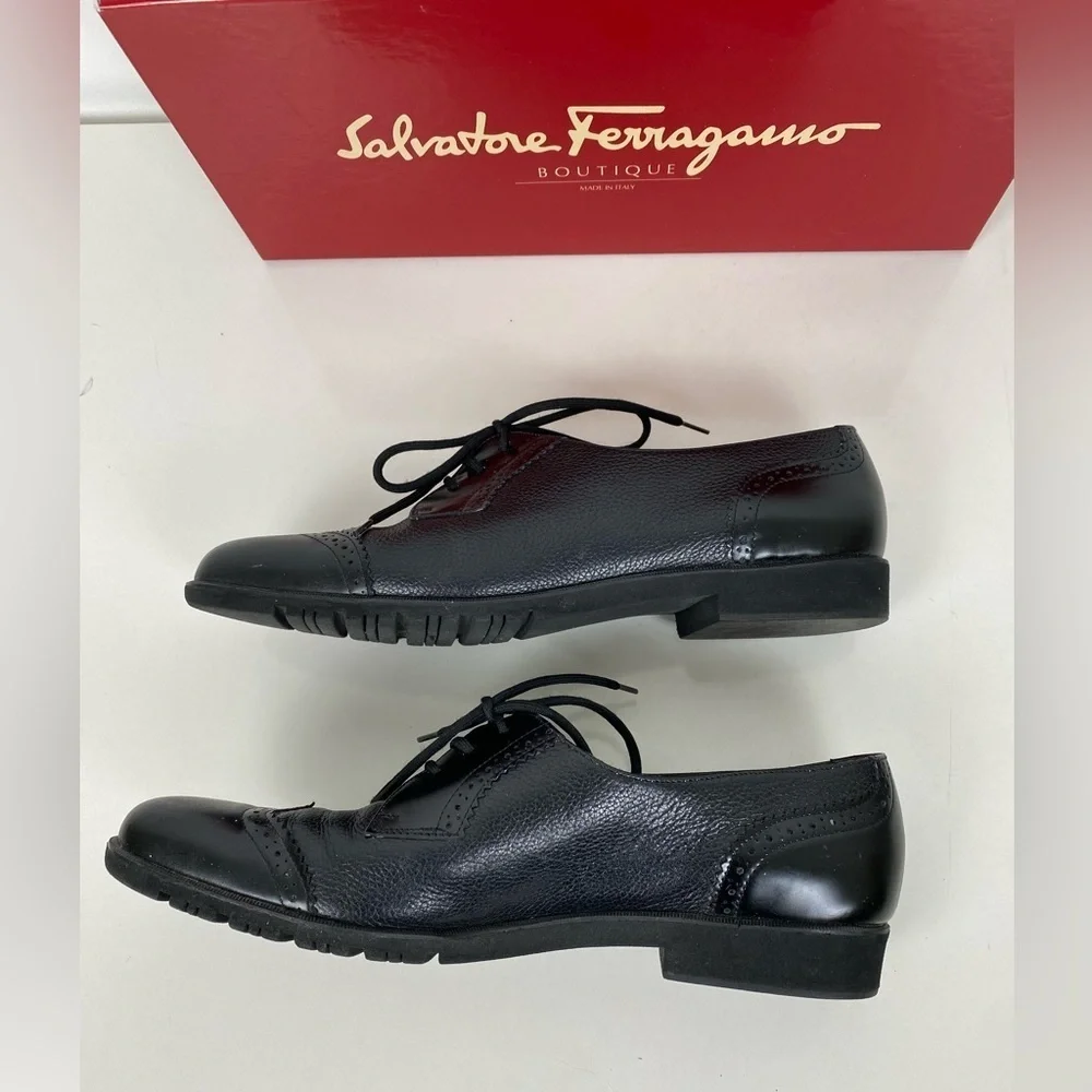 Salvatore Ferragamo Ferrara Women's 7 1/2 AA Black Leather Oxford Lace Up Shoes - Picture 6 of 14